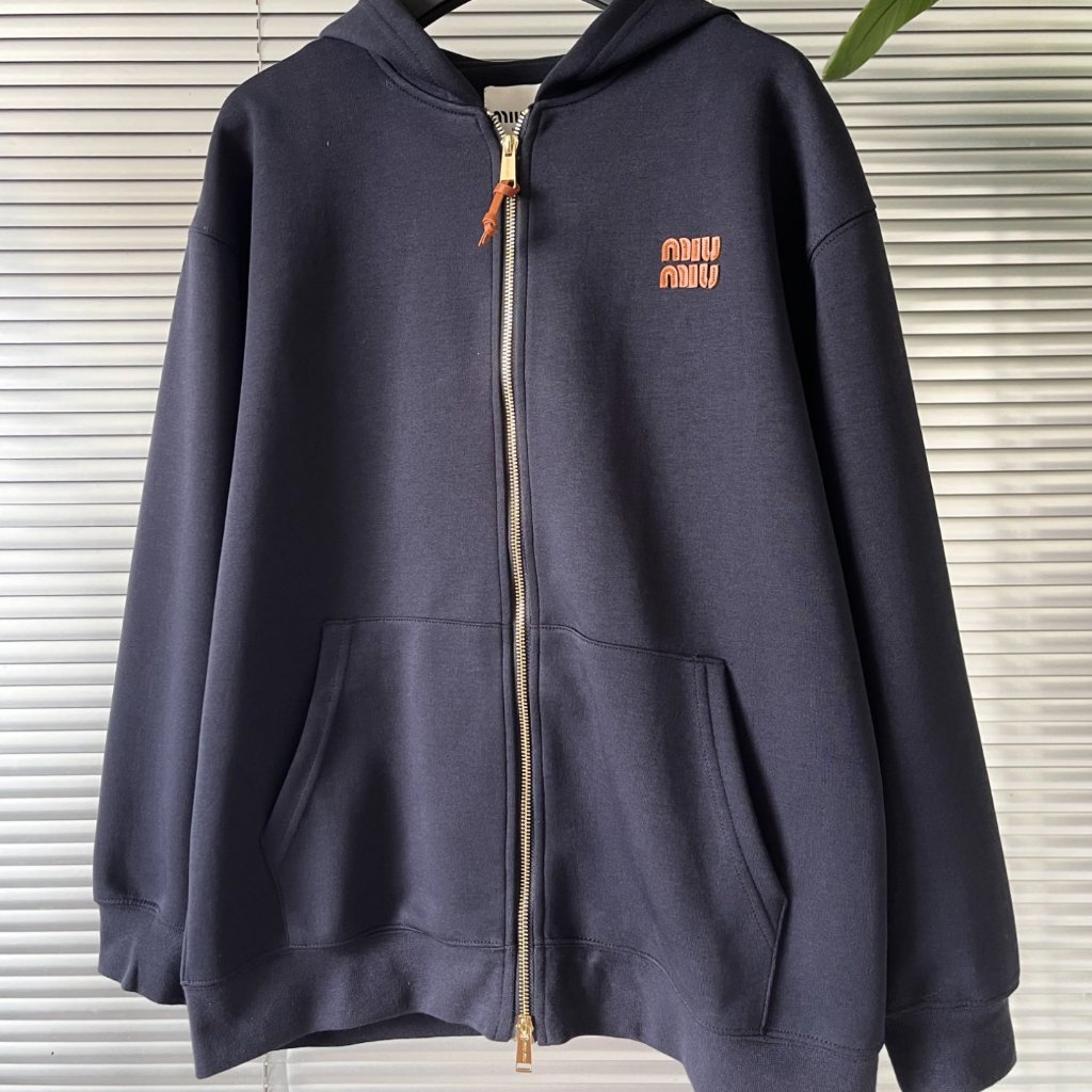 Miu Miu Ss24 Logo Print Zip-Up Hooded Long-Sleeve Sweatshirt For Women